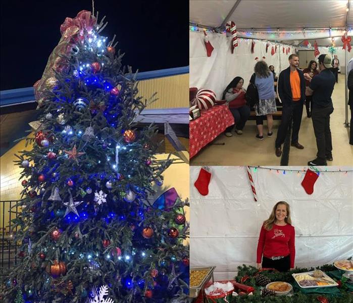Image shows collage of Christmas tree, catering, and people talking.