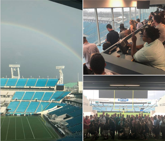 Image is a collage shows a professional football stadium, a rainbow, and a group of young people on a tour.