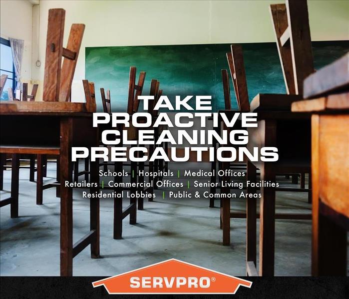 Text says: Take Proactive Cleaning Precautions, background is a school classroom. 